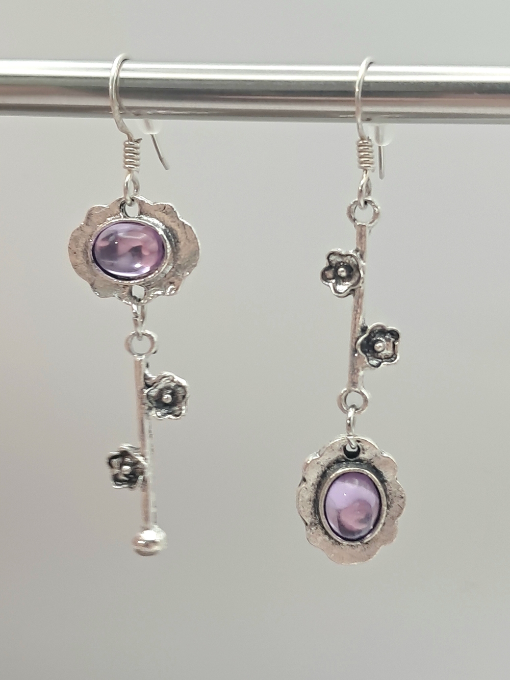 Asymmetrical Floral Drop Earrings with Lavender Cabochon 925 Sterling Posts
